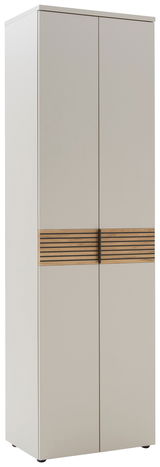 Moderner Garderobenschrank mit zwei Türen und Holzdekorleiste, seitliche Perspektive