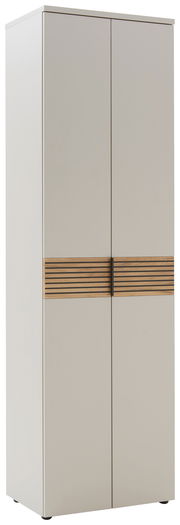 Moderner Garderobenschrank mit zwei Türen und Holzdekorleiste, seitliche Perspektive