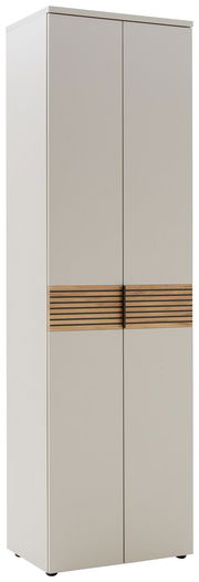 Moderner Garderobenschrank mit zwei Türen und Holzdekorleiste, seitliche Perspektive
