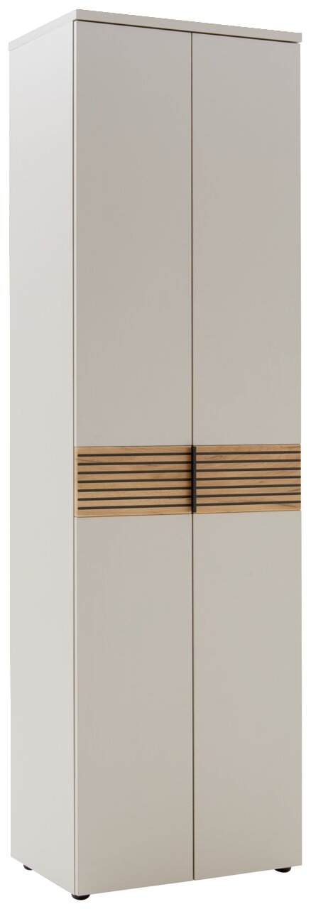 Moderner Garderobenschrank mit zwei Türen und Holzdekorleiste, seitliche Perspektive