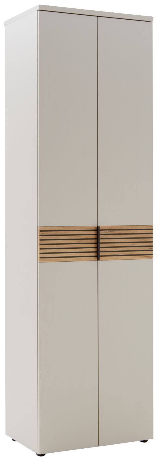 Voleo Kledingkast INDO Moderner Garderobenschrank mit zwei Türen und Holzdekorleiste, seitliche Perspektive