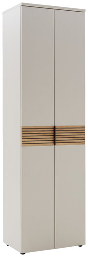 Moderner Garderobenschrank mit zwei Türen und Holzdekorleiste, seitliche Perspektive