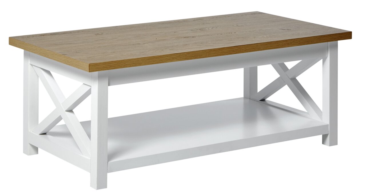 Rechteckiger Couchtisch mit Holzplatte und weißem Gestell, seitliche Perspektive