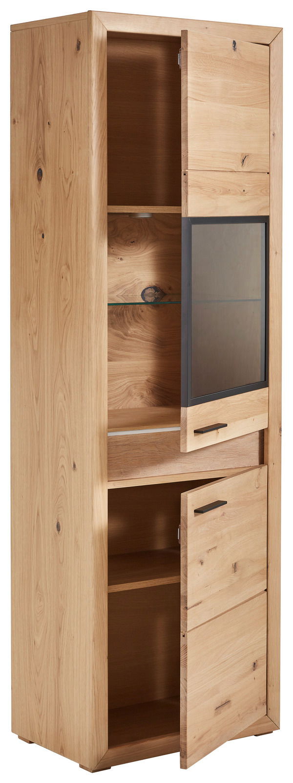 Holzvitrine mit Beleuchtung, teilweise geöffnete Türen, seitliche Perspektive
