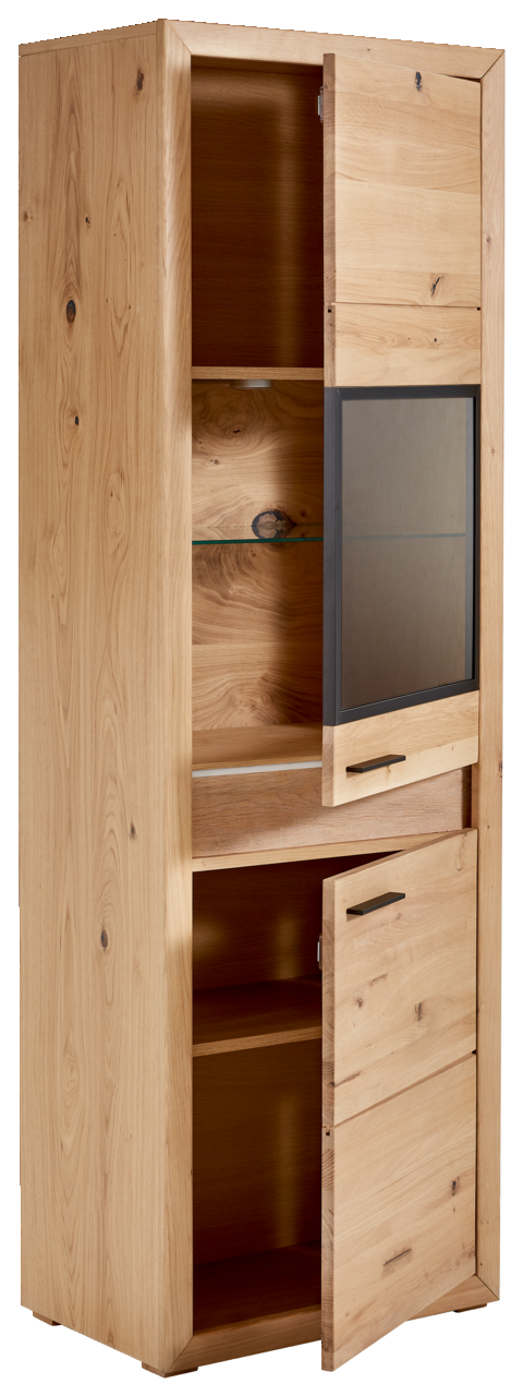 Holzvitrine mit Beleuchtung, teilweise geöffnete Türen, seitliche Perspektive