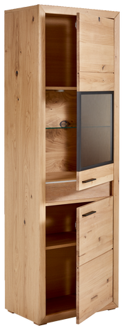 Holzvitrine mit Beleuchtung, teilweise geöffnete Türen, seitliche Perspektive