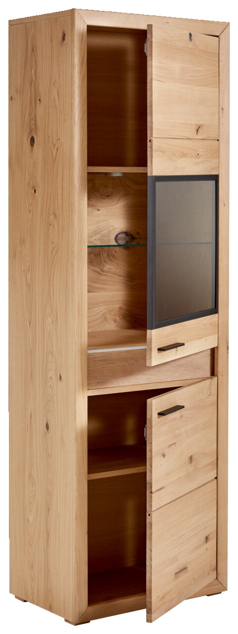 Holzvitrine mit Beleuchtung, teilweise geöffnete Türen, seitliche Perspektive
