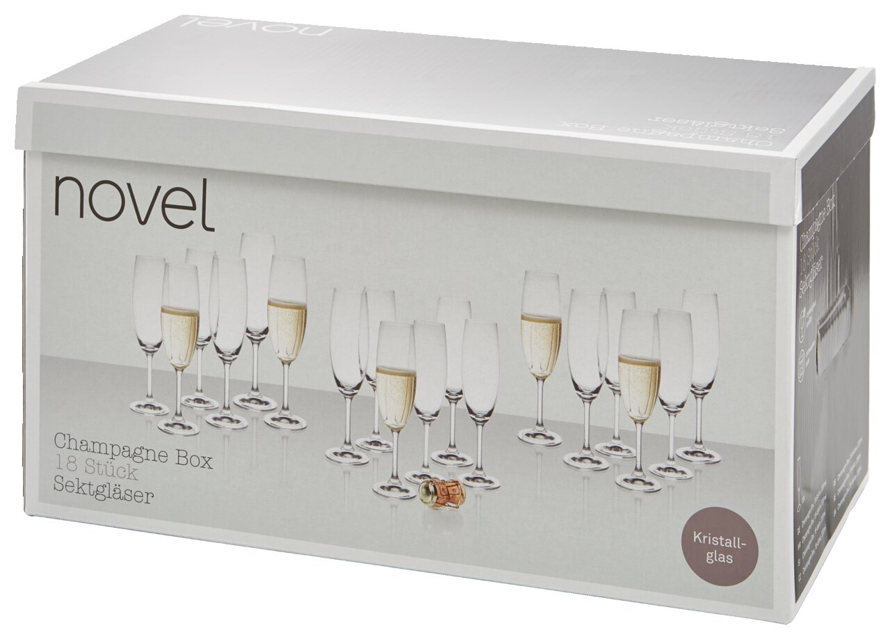 Verpackung eines 18-teiligen Sektglas-Sets aus Kristallglas, seitliche Perspektive