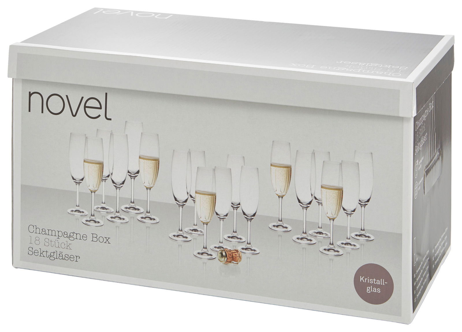 Verpackung eines 18-teiligen Sektglas-Sets aus Kristallglas, seitliche Perspektive