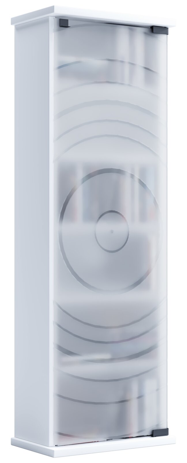 Weißer Hochschrank mit satiniertem Glas-/Spiegeleinsatz und konzentrischem Kreisdekor, Frontansicht leicht von links (3/4-Perspektive)