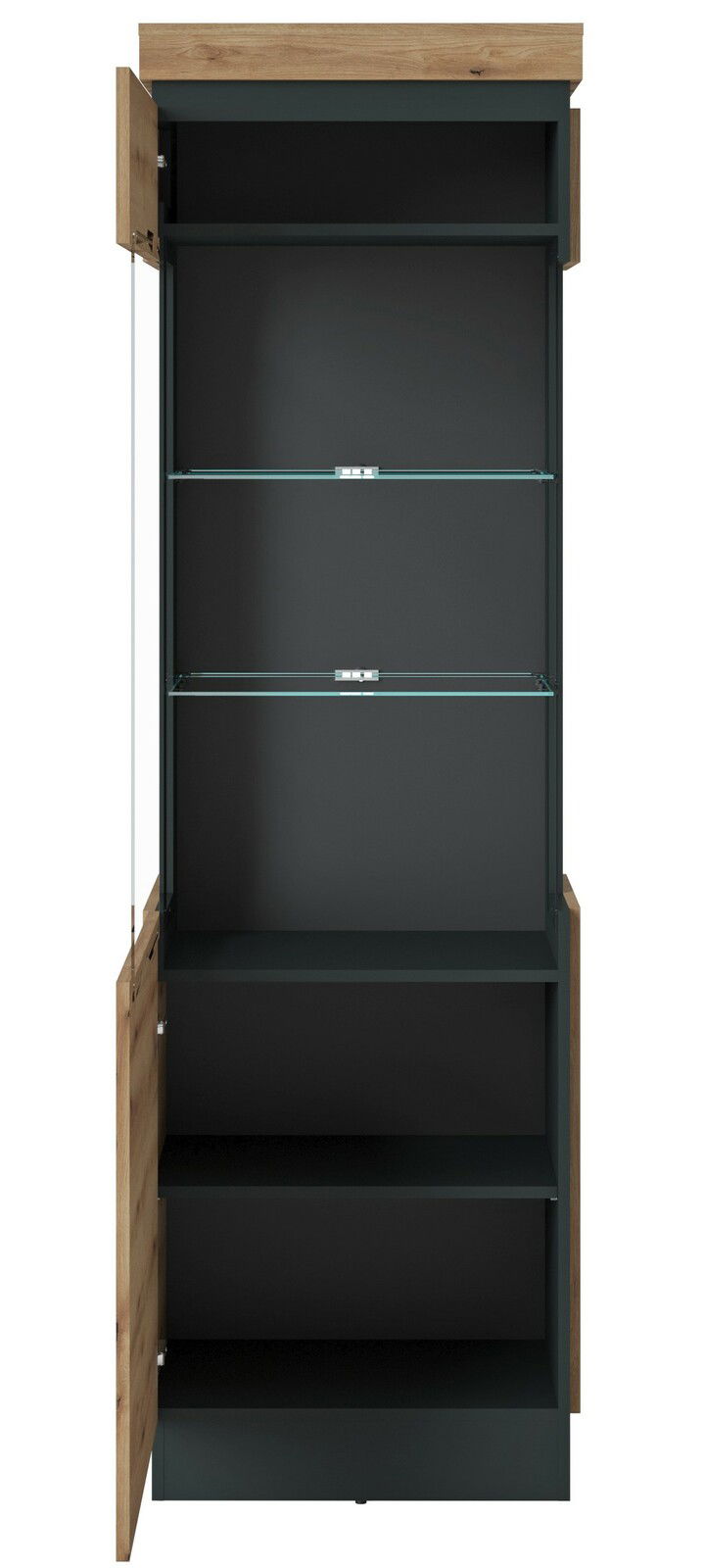 Vitrine mit geöffneter Tür, Glasböden und Holzrahmen, Frontalansicht