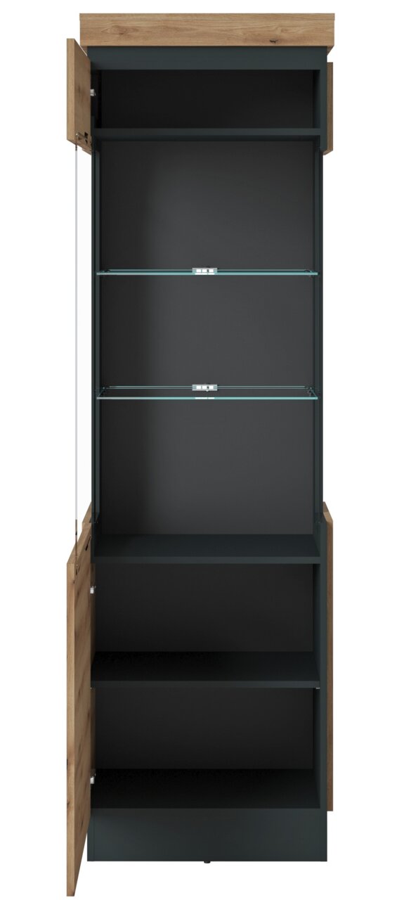 Vitrine met geopende deur, glazen planken en houten frame, vooraanzicht