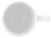 Ansicht von oben auf einen weißen Becher mit Henkel, 0,35l Fassungsvermögen.