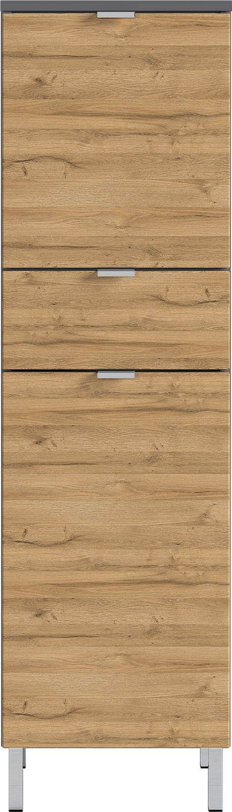 Frontansicht eines modernen Schranks mit drei Schubladen in Holzoptik und silbernen Griffen.