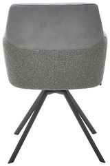 Rückansicht eines modernen Sessels mit grauem Stoffbezug und schwarzen Metallbeinen.