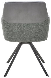 Rückansicht eines modernen Sessels mit grauem Stoffbezug und schwarzen Metallbeinen.