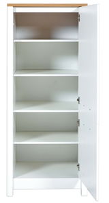 Weißer Vorratsschrank mit Holztop, geöffnete Tür, fünf Regalböden, Frontalansicht