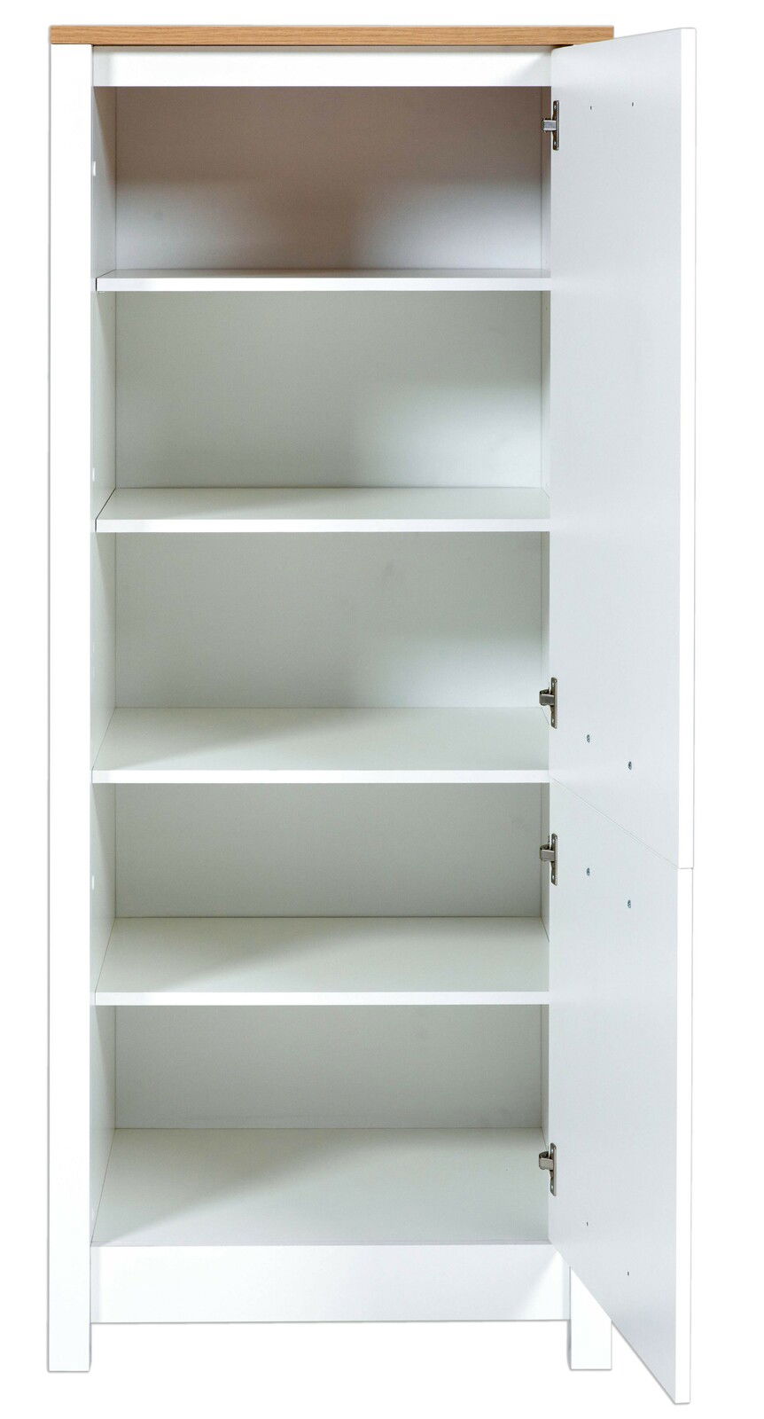 Weißer Vorratsschrank mit Holztop, geöffnete Tür, fünf Regalböden, Frontalansicht