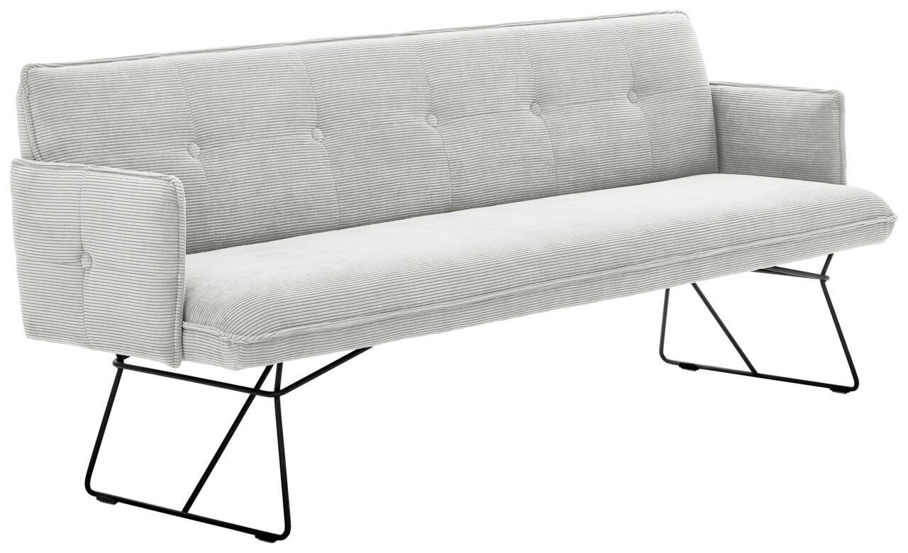 Graue Solobank 2-Sitzer mit gestreiftem Stoffbezug und schwarzen Metallbeinen, seitliche Perspektive
