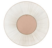 Runder Spiegel mit einem Durchmesser von 100 cm, umgeben von einem dekorativen, strahlenförmigen Metallrahmen in Goldoptik, Rückansicht.