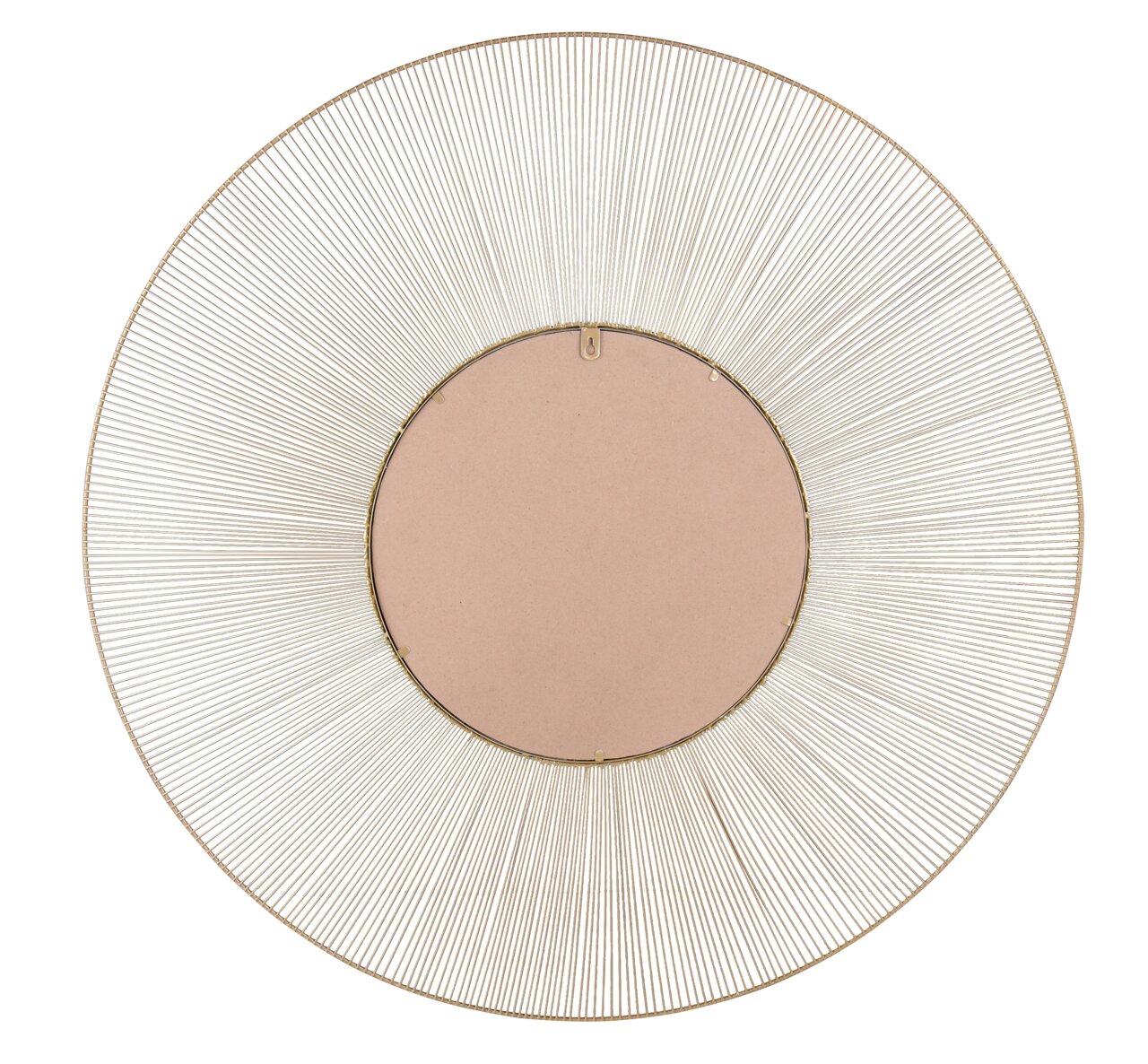 Runder Spiegel mit einem Durchmesser von 100 cm, umgeben von einem dekorativen, strahlenförmigen Metallrahmen in Goldoptik, Rückansicht.