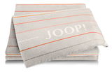 Beige Wohndecke mit orangen und grauen Streifen, gefaltet, mit JOOP! Logo, seitliche Perspektive