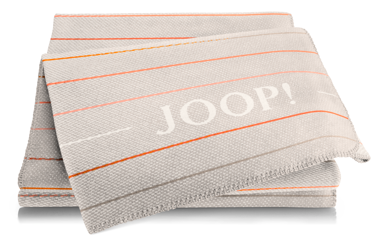 Beige Wohndecke mit orangen und grauen Streifen, gefaltet, mit JOOP! Logo, seitliche Perspektive