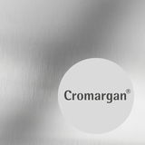 Nahaufnahme einer silbernen Oberfläche mit dem Schriftzug 'Cromargan'.