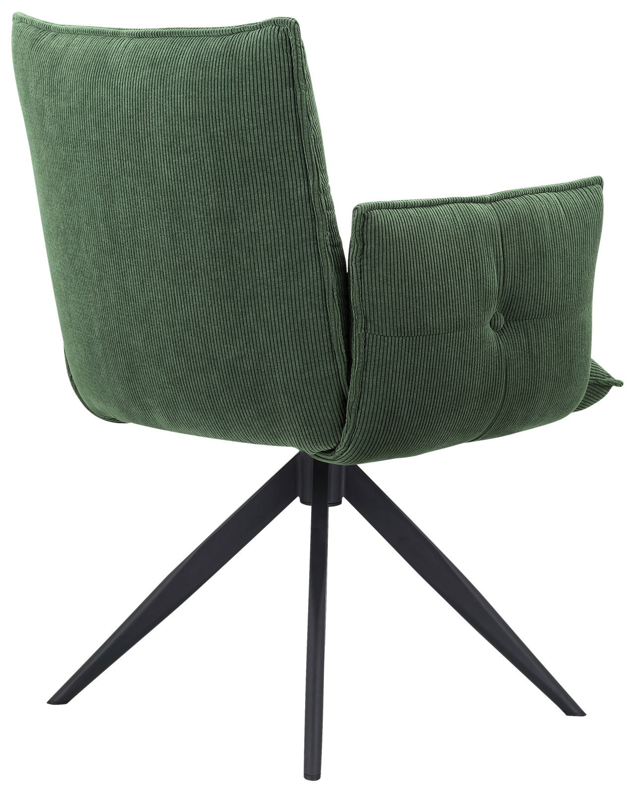 Grüner Armlehnstuhl aus Cordstoff, Rückansicht, mit schwarzem Metallgestell und vier Beinen.
