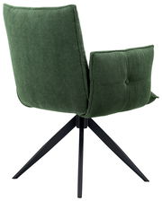 Grüner Armlehnstuhl aus Cordstoff, Rückansicht, mit schwarzem Metallgestell und vier Beinen.