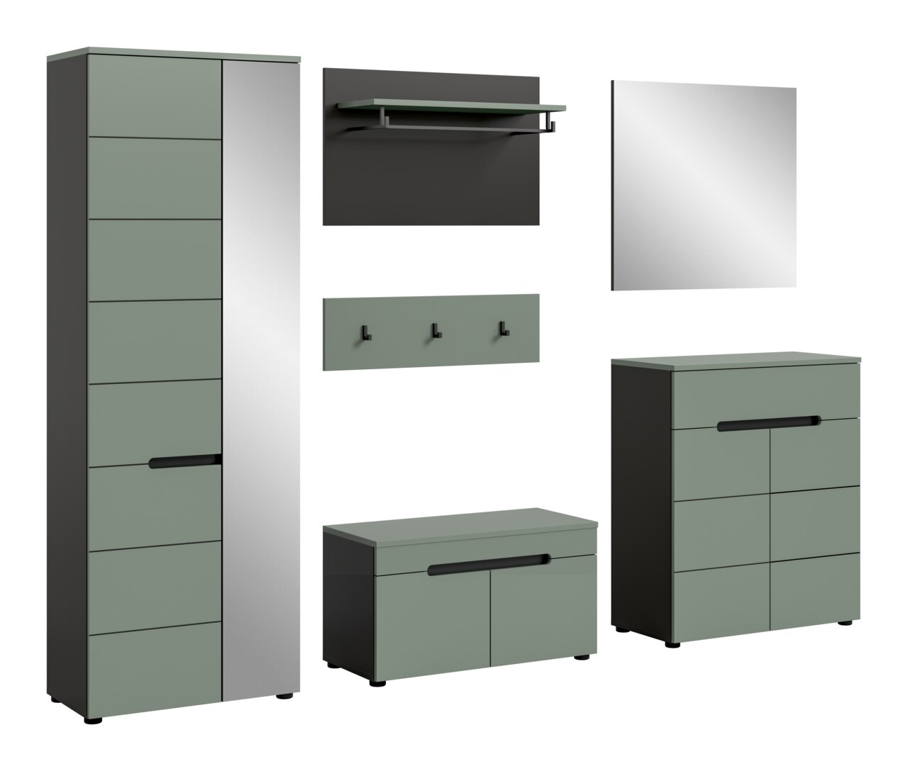 MID.YOU Garderobenkombination CANU Modernes Flurmöbel-Set in Salbeigrün und Anthrazit mit hohem Garderobenschrank, Schuhschrank/Kommode, Wandgarderobe mit Ablage und Kleiderstange, Hakenleiste und Spiegel, dargestellt in Frontansicht mit leichter Perspektive von schräg vorn