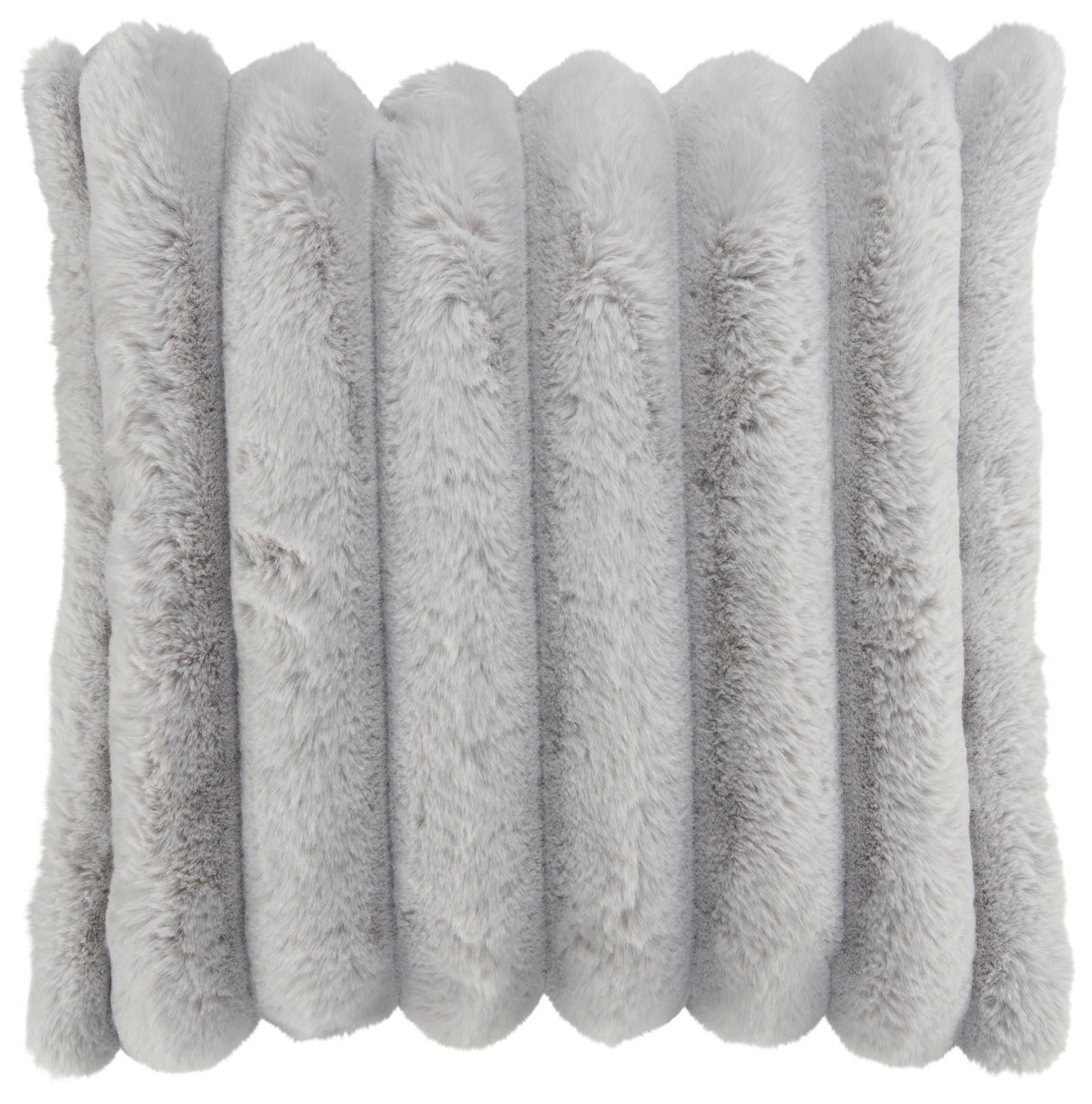 Novel Fellkissenhülle Graue Fellkissenhülle in Nahaufnahme, frontal betrachtet, mit weicher, plüschiger Textur.