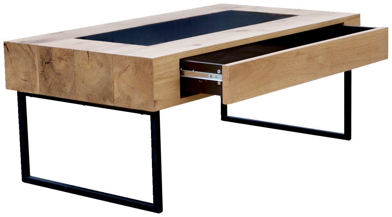 Moderner Couchtisch aus Holz mit Metallbeinen und einer geöffneten Schublade, seitliche Perspektive