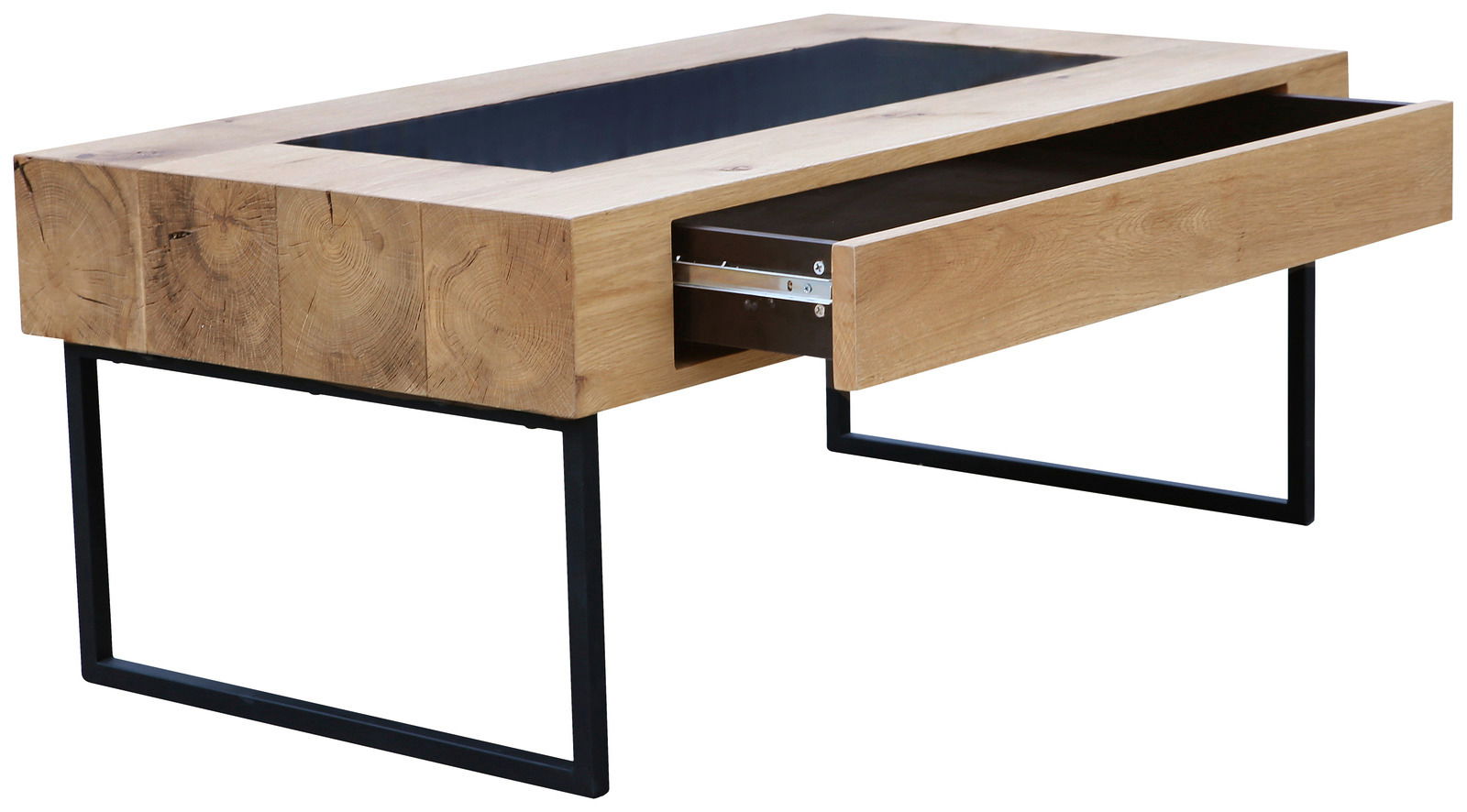 Moderner Couchtisch aus Holz mit Metallbeinen und einer geöffneten Schublade, seitliche Perspektive