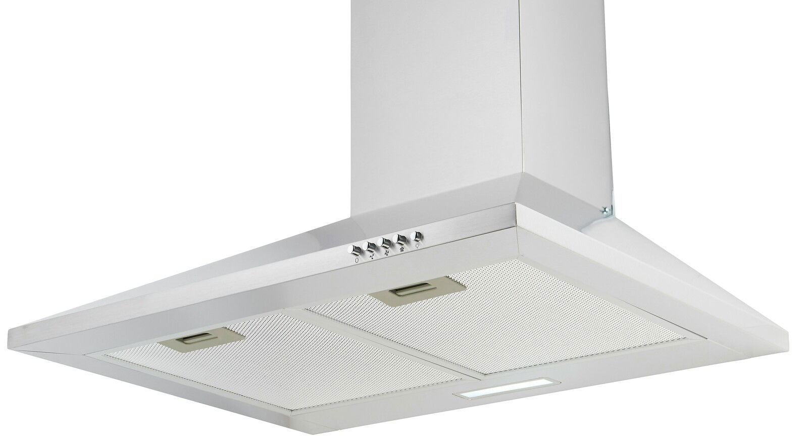 Moderne Edelstahl-Dunstabzugshaube, Ansicht von unten mit sichtbaren Bedienelementen und Filtern