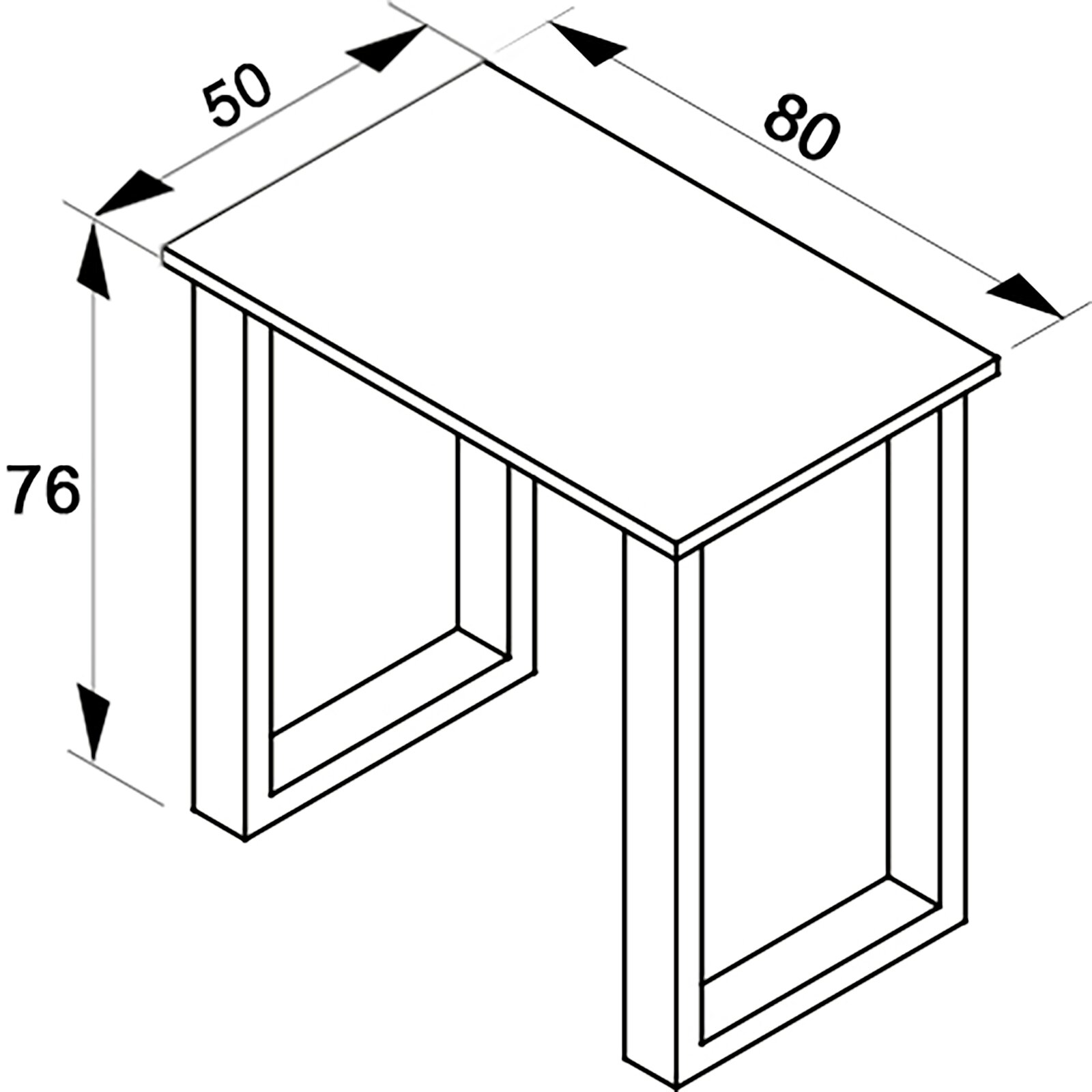 Technische Strichzeichnung eines rechteckigen Tisches mit Maßeintragung 80 x 50 x 76 cm, dargestellt in schräger Perspektive von oben (3/4-Ansicht).