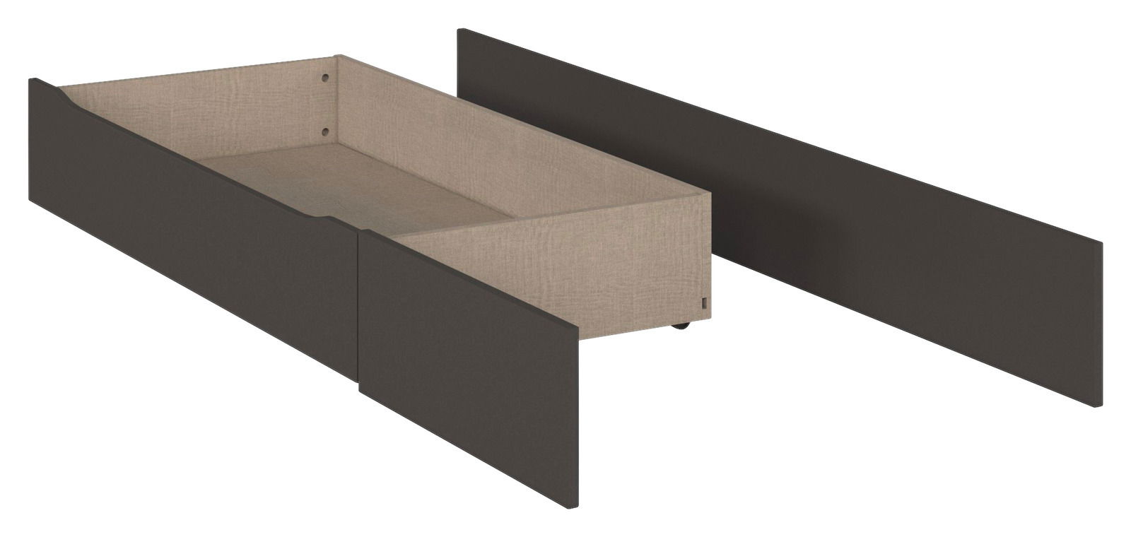 Sockelschubkasten für Bett in Einzelteilen, perspektivische Ansicht
