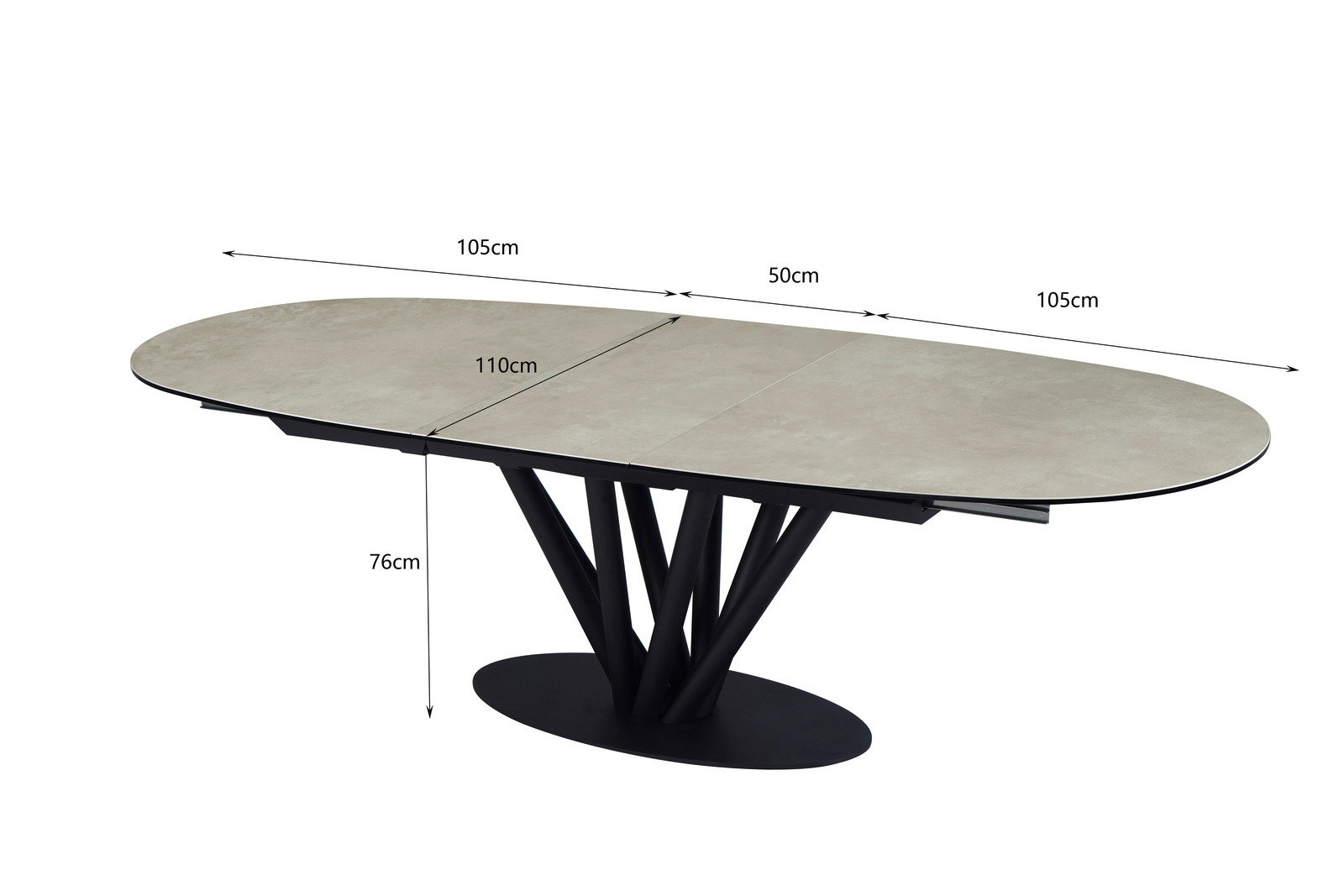 Moderner Esstisch mit ovaler Tischplatte und schwarzem, geometrischem Untergestell, seitliche Perspektive