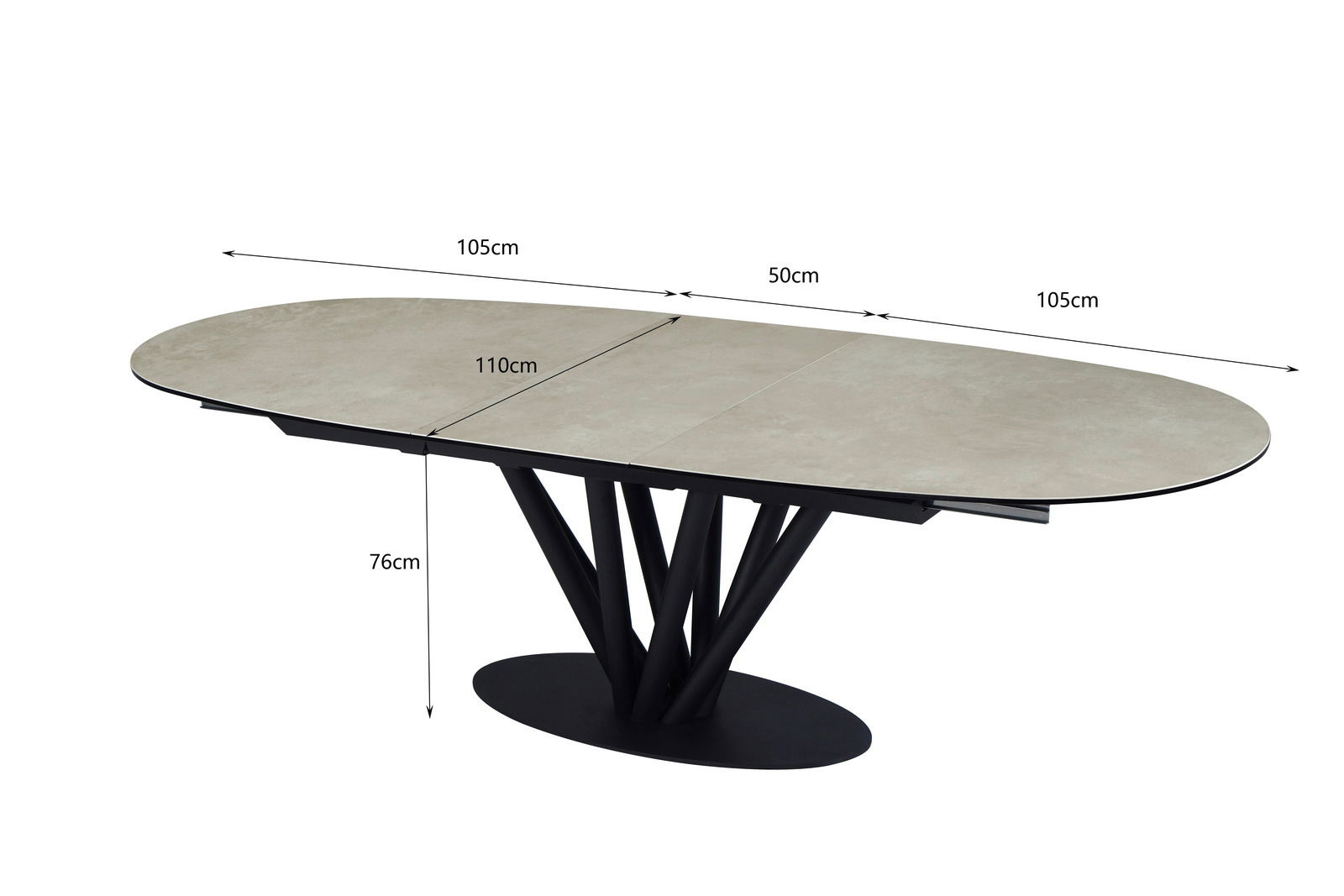 Moderner Esstisch mit ovaler Tischplatte und schwarzem, geometrischem Untergestell, seitliche Perspektive