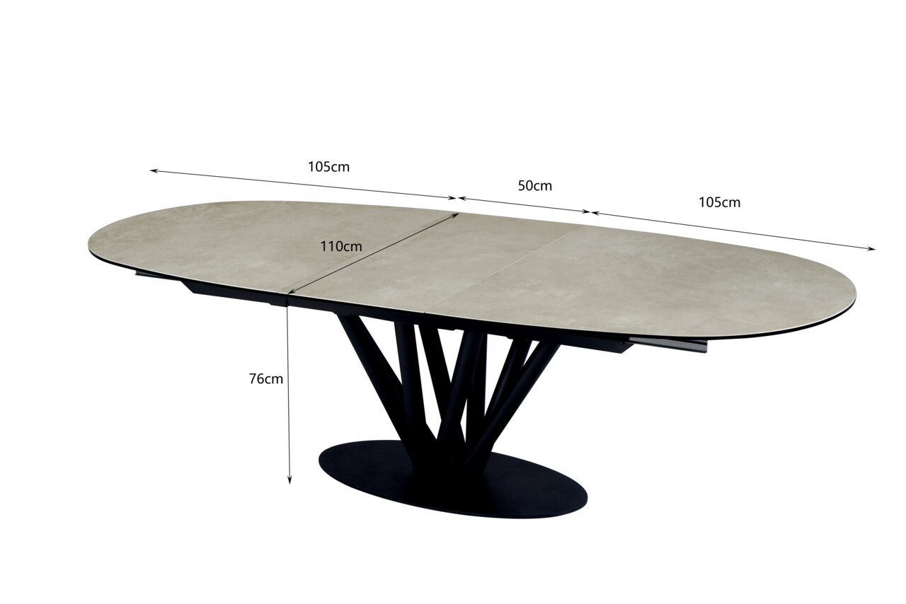 Moderne eettafel met een ovaal tafelblad en een zwart, geometrisch onderstel, zijaanzicht