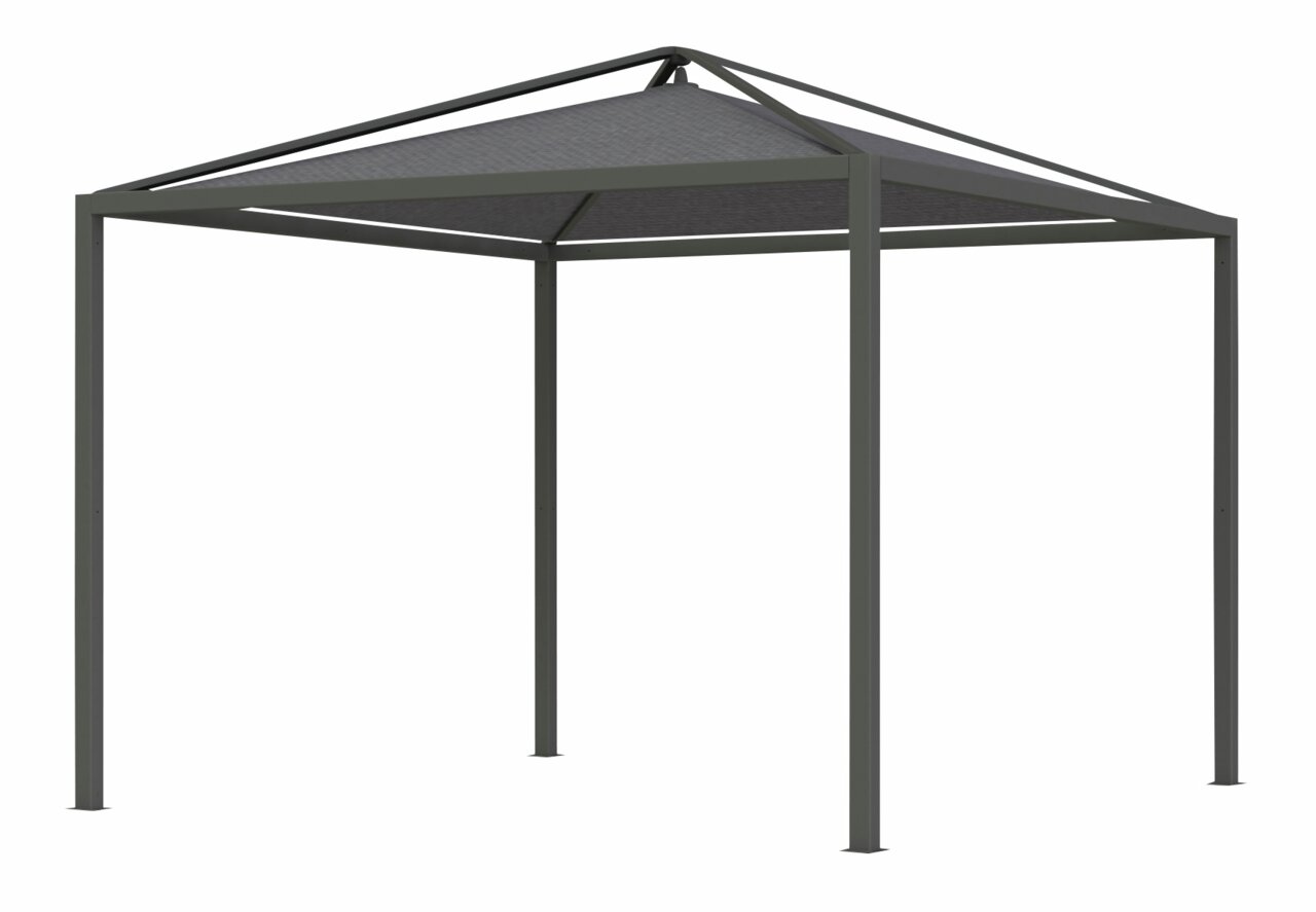 Pagode mit Dachbezug, seitliche Perspektive, graues Gestell mit pyramidenförmigem Dach