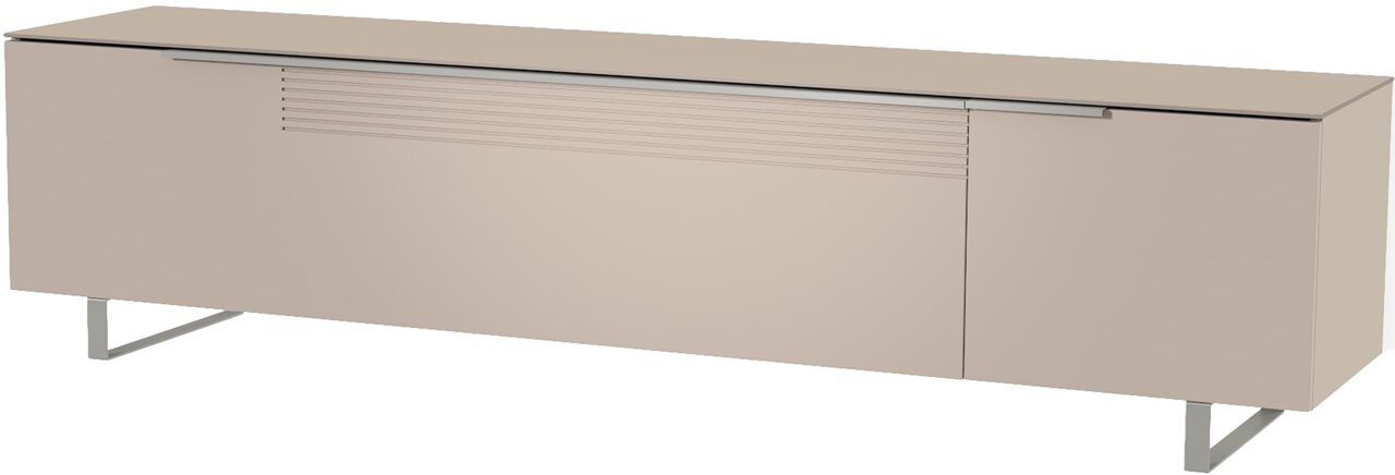 Beiges XL TV-Lowboard mit modernen Metallfüßen, seitliche Perspektive
