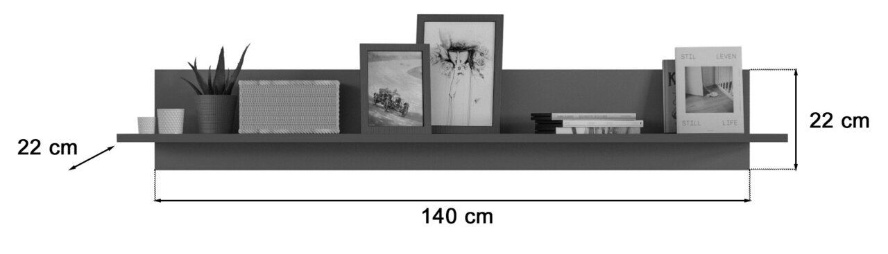 Wandboard mit einer Breite von 140 cm und einer Tiefe von 22 cm, frontal abgebildet. Dekoriert mit Pflanzen, Büchern und gerahmten Bildern.