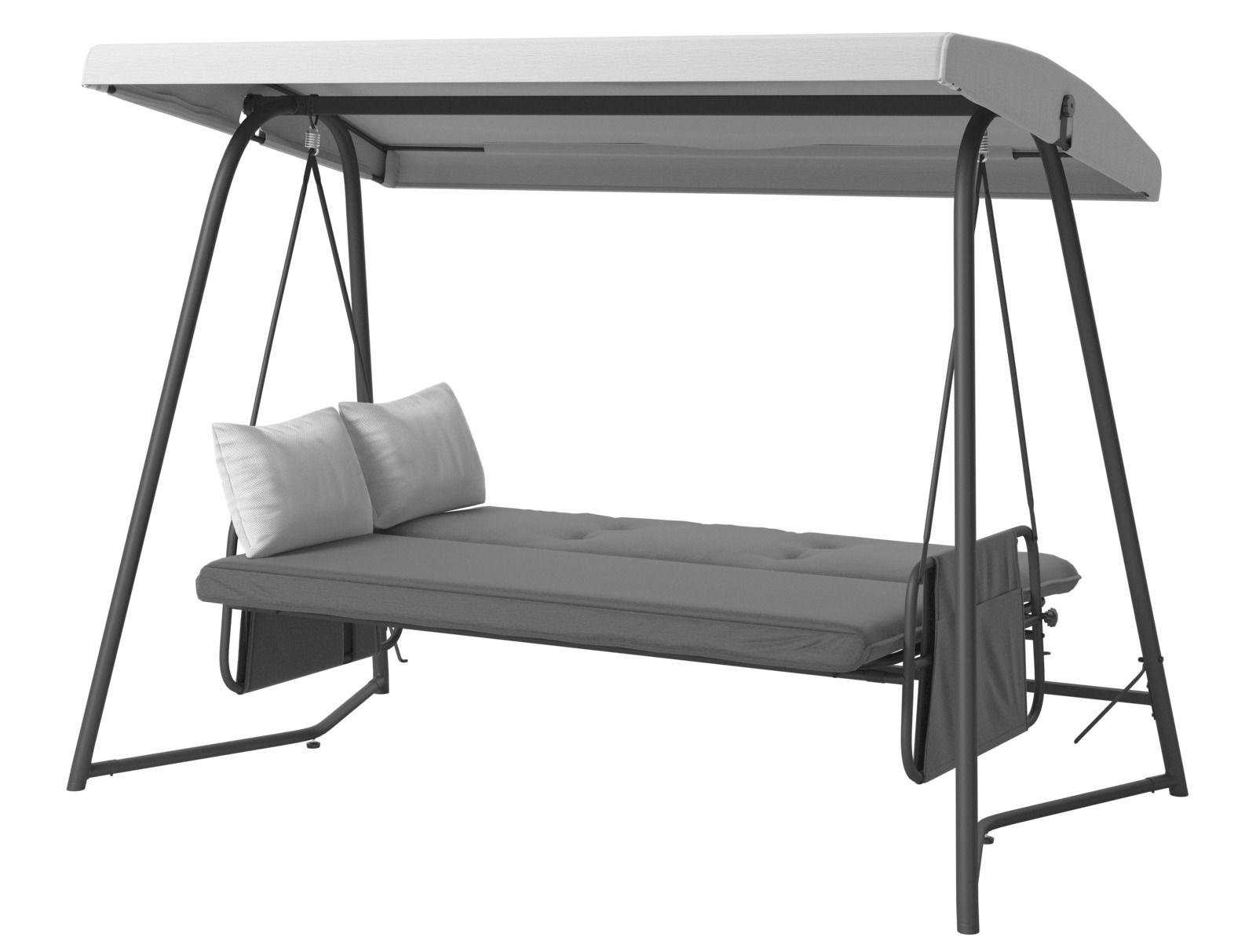 Hollywoodschaukel mit grauem Gestell und Dach, seitliche Perspektive