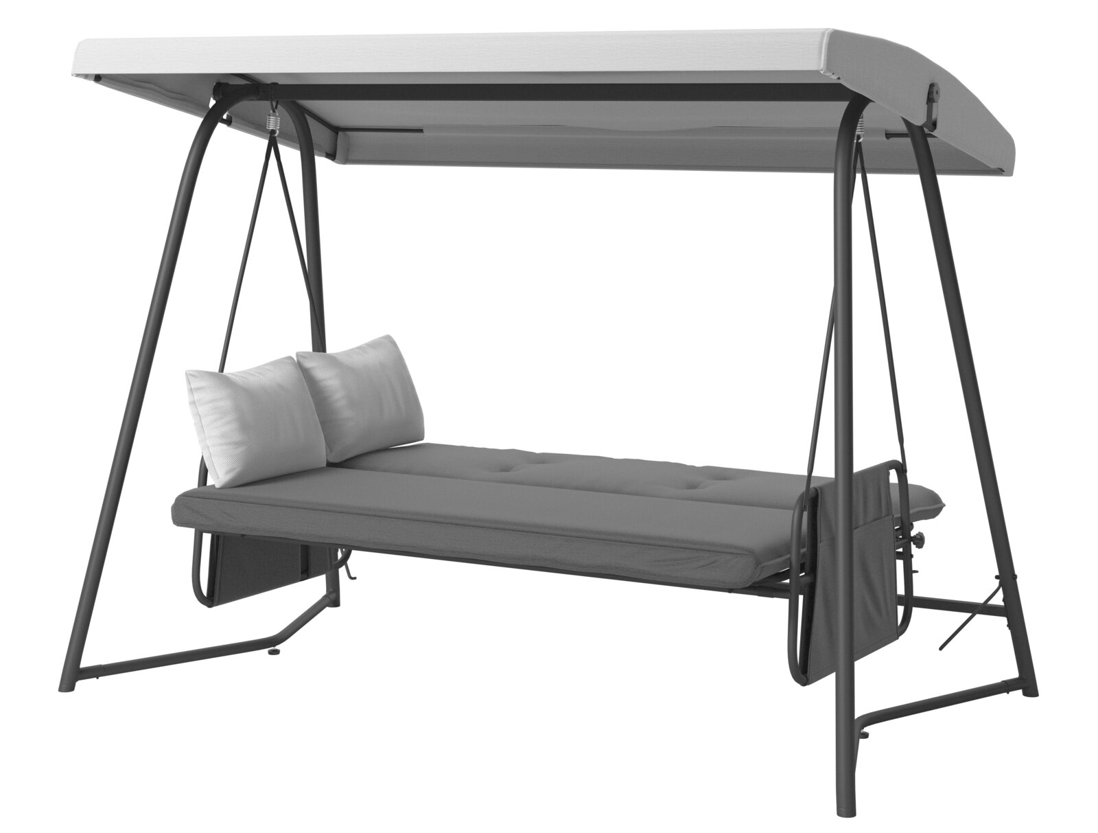 Hollywoodschaukel mit grauem Gestell und Dach, seitliche Perspektive