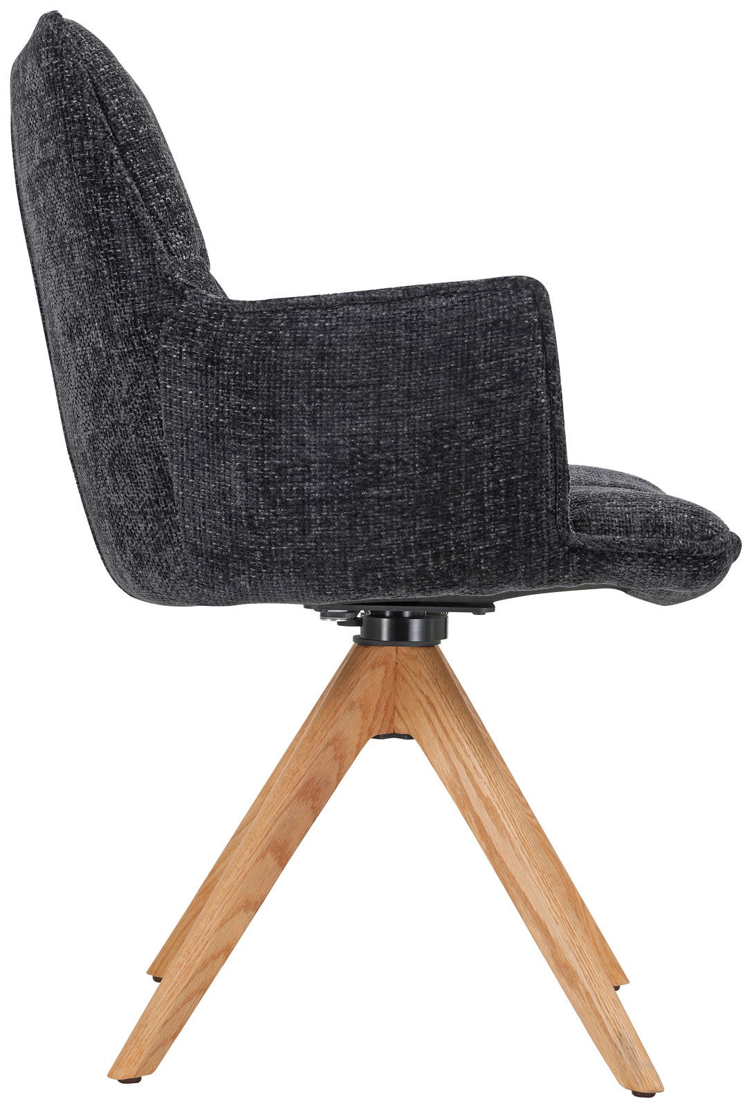 Seitenansicht eines Sessels mit dunklem Stoffbezug und Holzbeinen.