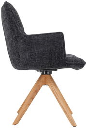 Seitenansicht eines Sessels mit dunklem Stoffbezug und Holzbeinen.