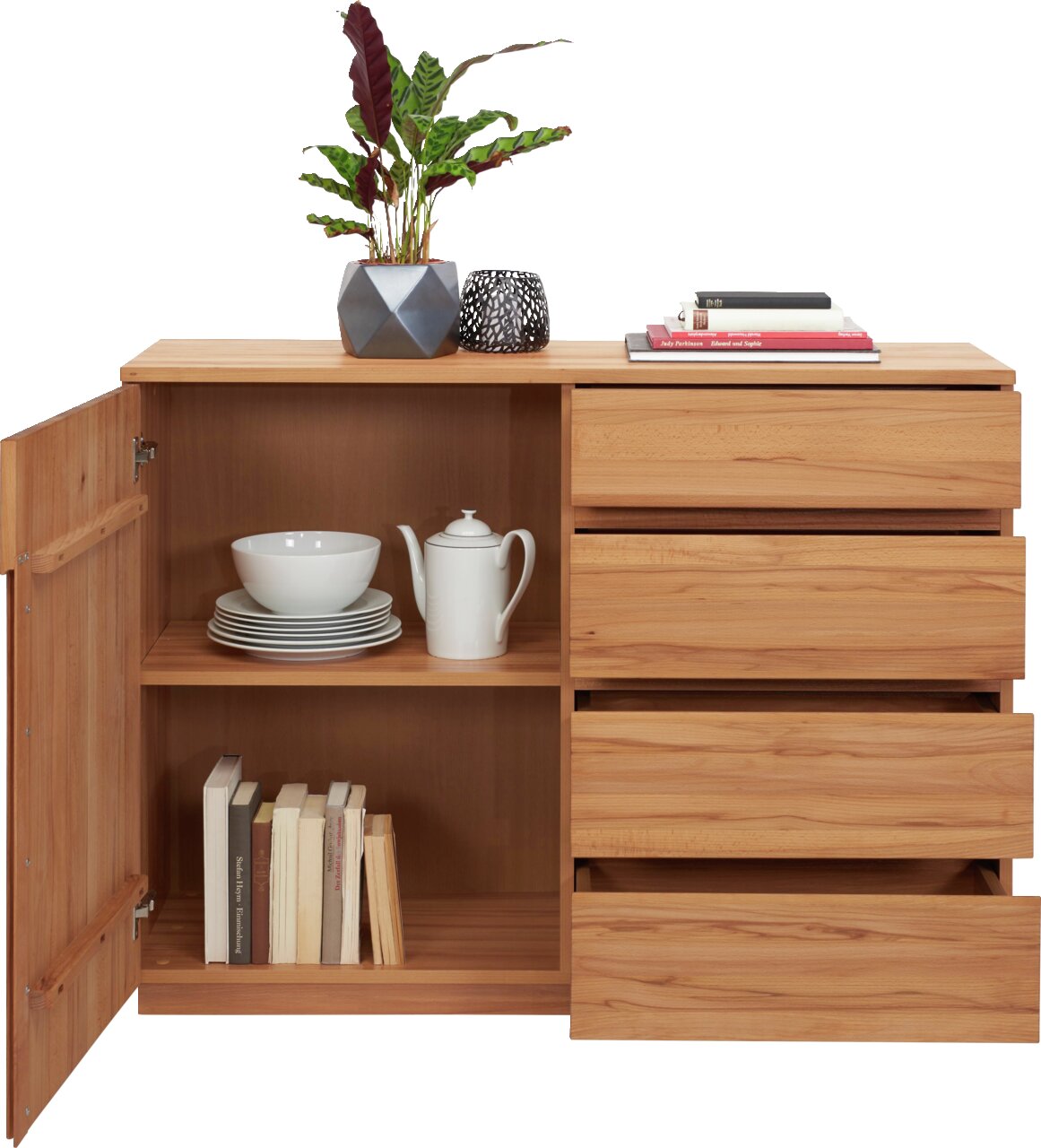 Houten ladekast met open lades en een deur, gevuld met serviesgoed en boeken, gefotografeerd vanuit een vooraanzicht.