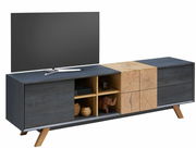 TV-Lowboard mit modernem Design, dunklen Schubladen und offenen Regalfächern, aus der Frontansicht