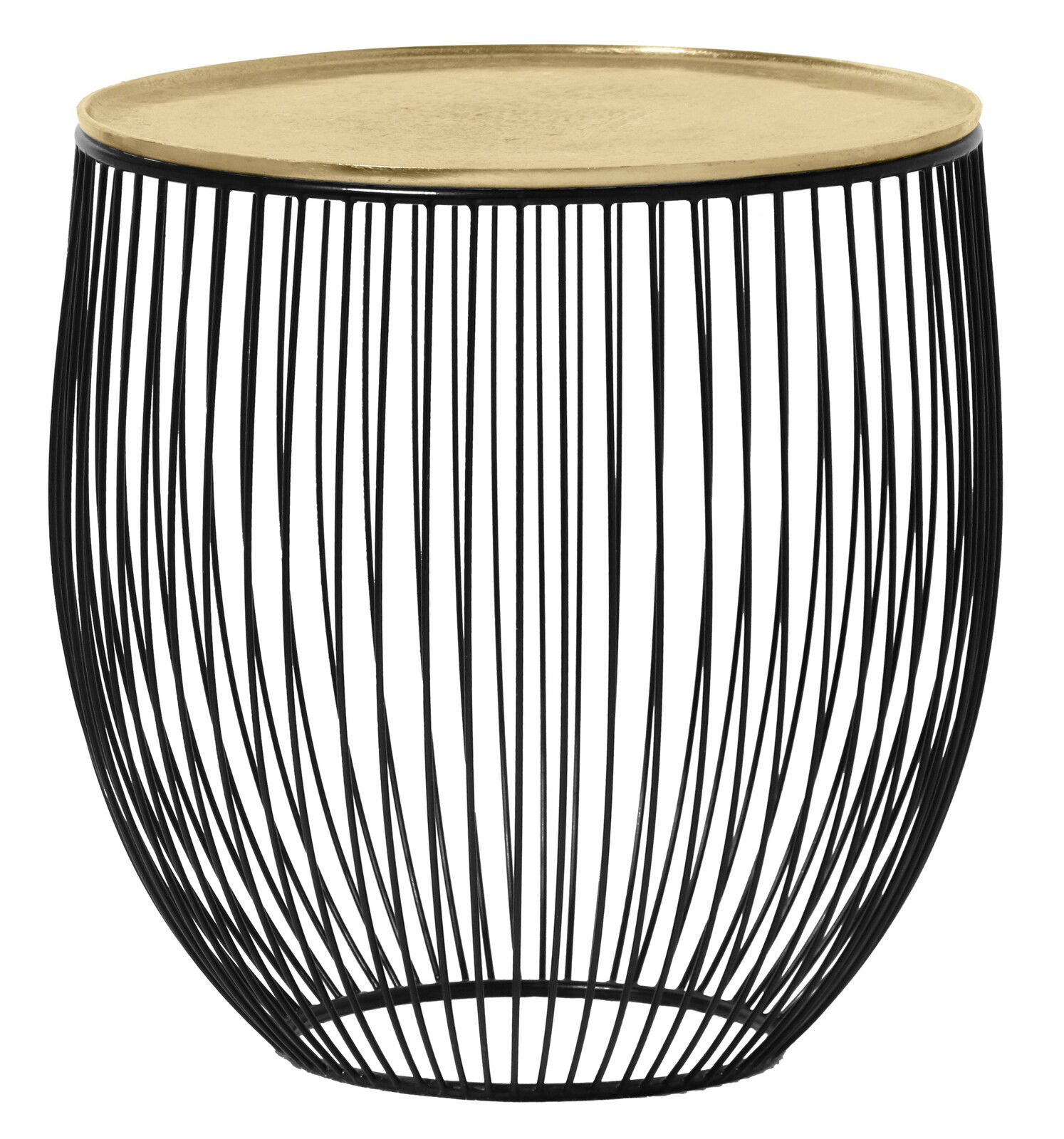 Moderner Beistelltisch mit schwarzem Drahtgestell und goldener Tischplatte, seitliche Perspektive